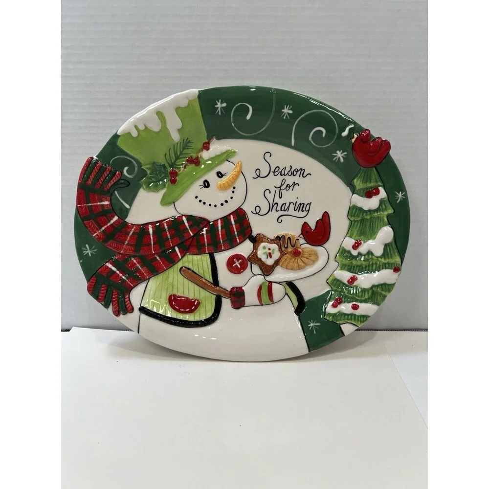 FITZ & FOYD Platter Holly Hat Snowman Christmas Wishes Embossed Cookie Tray